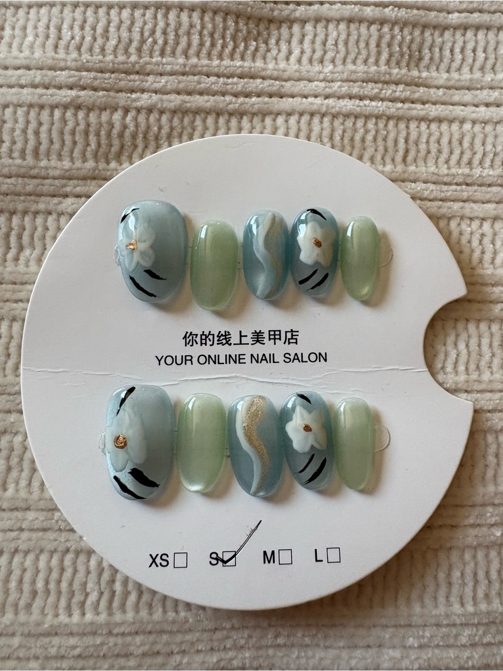 Mint & Sky Blue Floral Press-On Nail Set Size Small